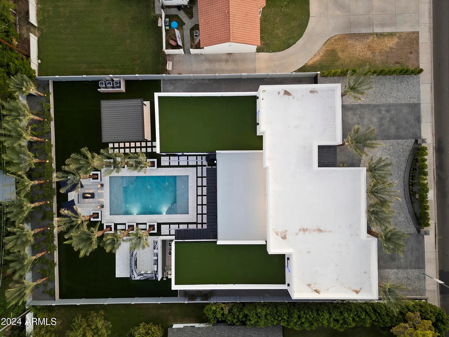 Complete backyard transformation, aerial view